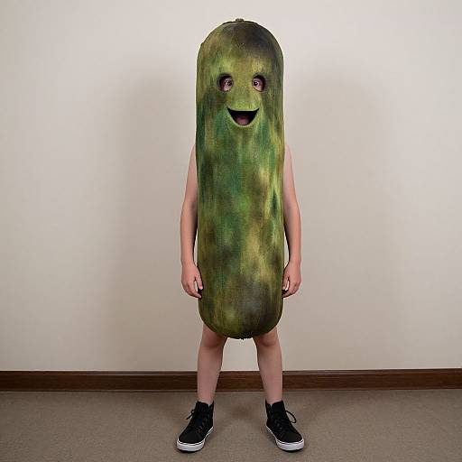 Photograph of a person wearing a green, cucumber-shaped costume with a smiling face, standing against a plain white wall, wearing black sneakers.