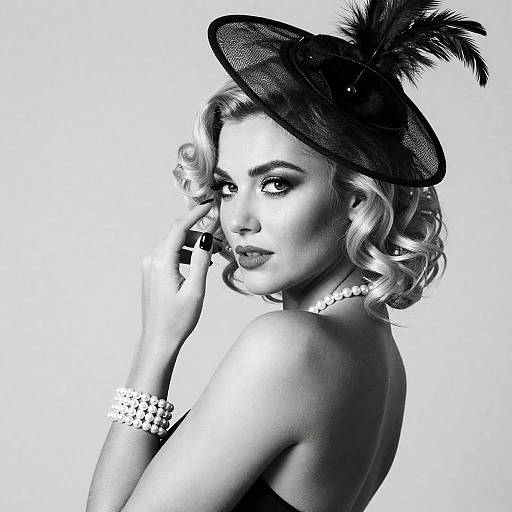 Elegant Blonde in Feathers and Pearls