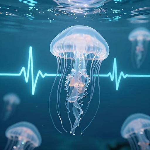 Photograph of glowing blue jellyfish with translucent, flowing tentacles, set against a dark blue underwater background with a neon blue ECG heartbeat line.