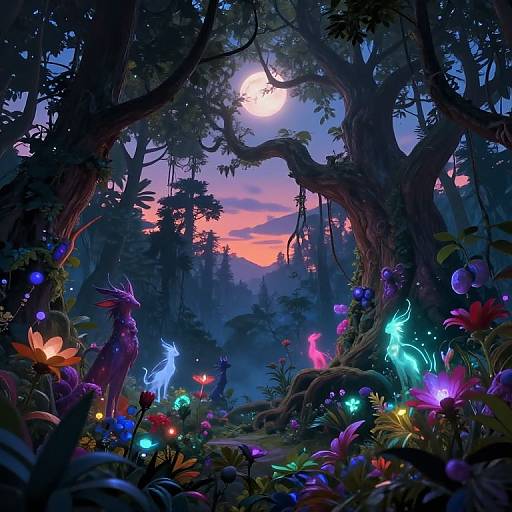 Whimsical digital fantasy forest at twilight, illuminated by vibrant glowing flowers, bioluminescent creatures, and a full moon shining through twisted trees.