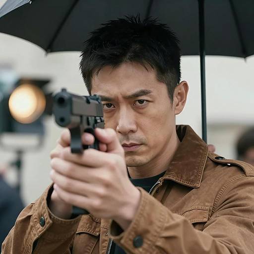 Man aiming pistol with intense gaze under umbrella
