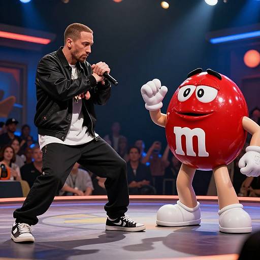 Photograph of a muscular man in black jacket and pants boxing a red, cartoonish 
