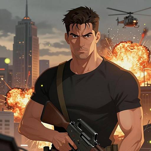 Muscular Man Amid Urban Chaos