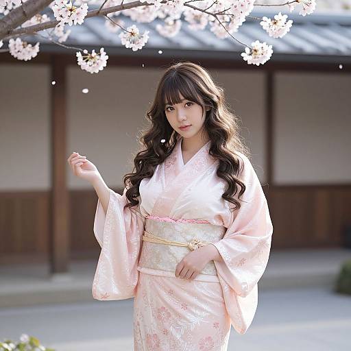 Photograph of a Japanese woman with long, wavy black hair in a pink floral kimono, standing under cherry blossom branches, with a traditional wooden