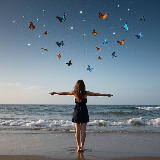Photograph of a girl with wavy brown hair, wearing a black dress, standing at the beach with outstretched arms, watching colorful butterflies (