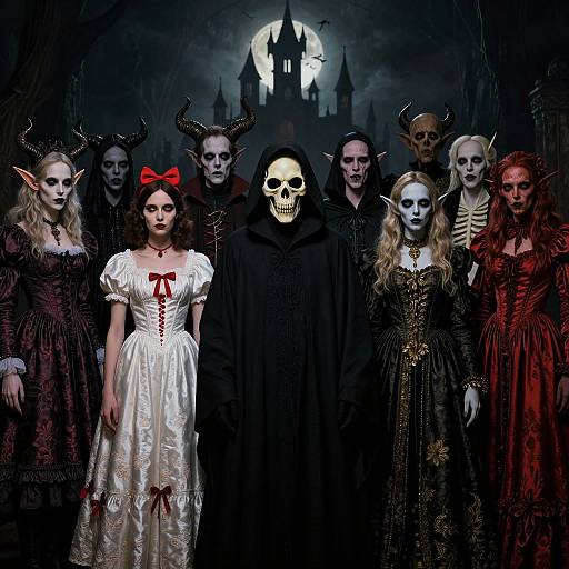 Photograph-style digital art of nine gothic figures with pale skin, horns, and dark attire, centered around a skull in a black cloak, under