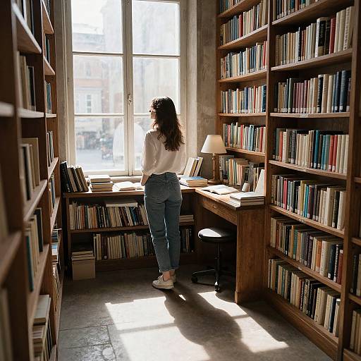 Photograph of a woman with curly hair, white blouse, and blue jeans, standing in a sunlit library, facing a window, surrounded by wooden