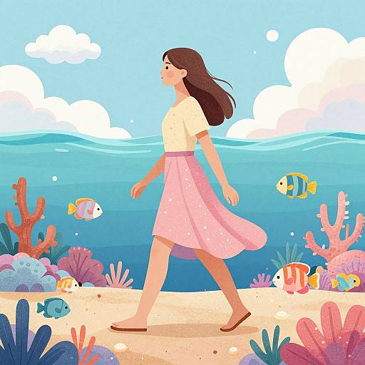 Surreal Woman Walking by Vibrant Ocean
