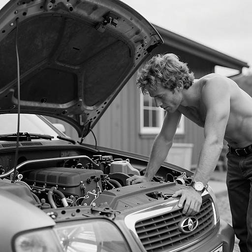 Shirtless Man Inspecting Car Engine