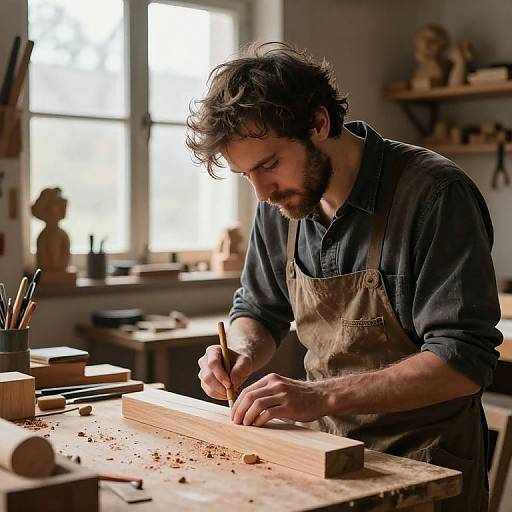 Photograph of a bearded man with messy dark hair, wearing a brown apron over a dark shirt, woodworking in a sunlit, cluttered