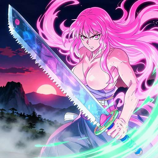 Anime-style digital drawing of a pink-haired, topless warrior with glowing eyes, wielding a glowing chainsaw sword at sunset. Mountainous background, dark