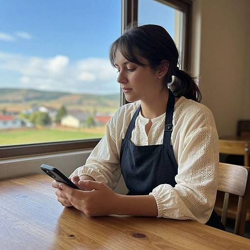 Woman Seated by Window with Smartphone
