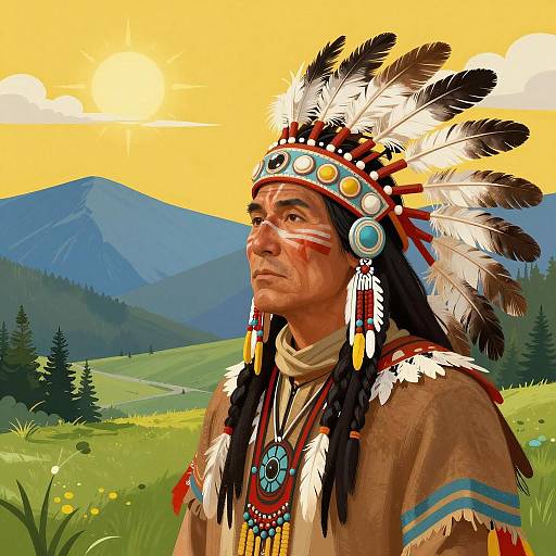 Native American Chief in Traditional Feathered Headdress