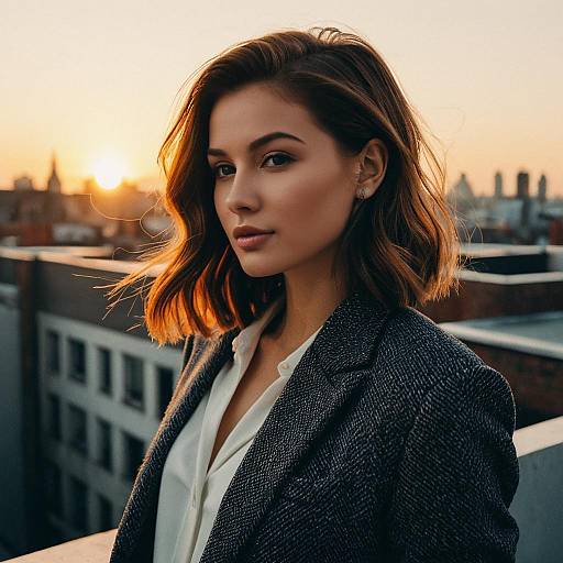 Woman with Classic Side Part Hairstyle on Rooftop