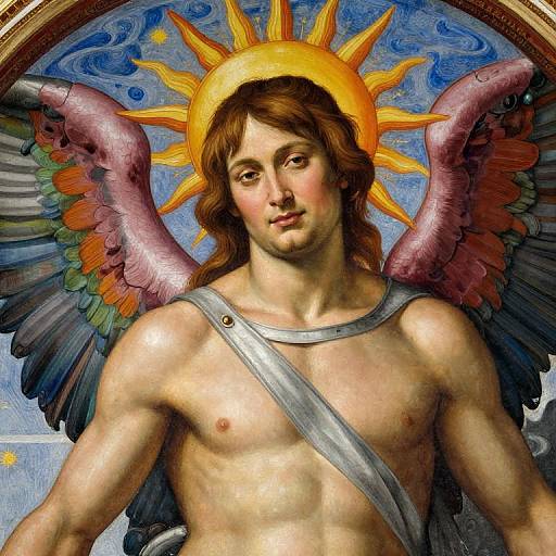 Digital painting of a muscular, fair-skinned angel with brown hair, golden halo, and colorful wings, draped in a silver cloth, against a blue