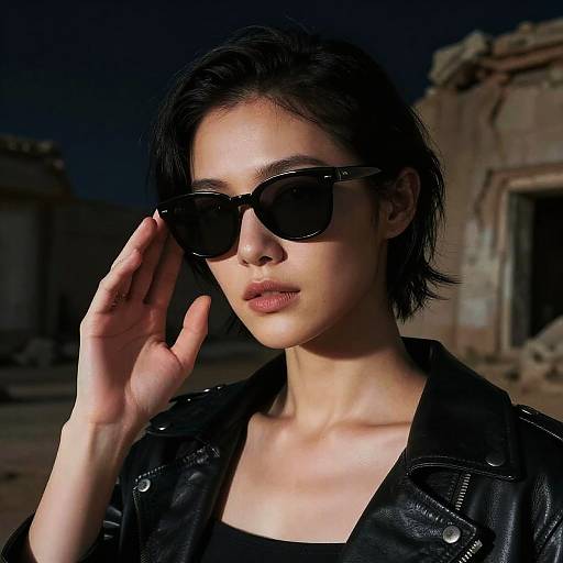 Photograph of an Asian woman with short black hair, wearing black sunglasses, black leather jacket, and black top, adjusting her glasses against a dark,