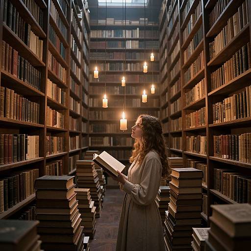 Photograph of a curly-haired woman in a beige dress, holding a book, standing in a dimly lit, expansive library with wooden shelves and warm