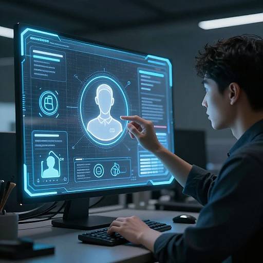 Photograph of a young man with curly hair in a dark shirt, pointing at a glowing blue holographic profile on a computer screen in a dimly