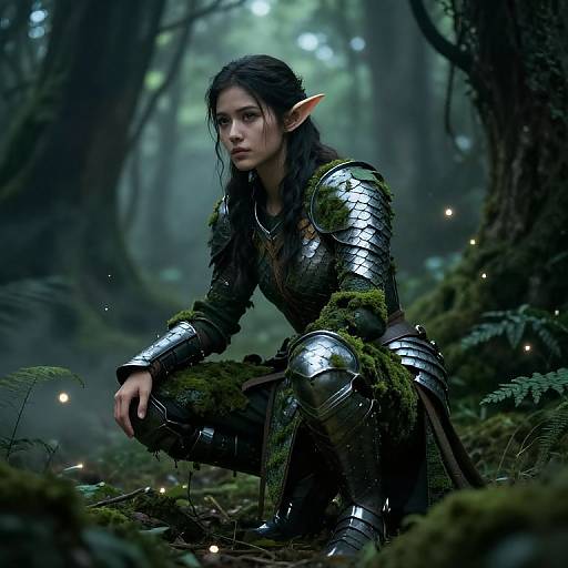 Digital art of an elf woman with long black hair, pointed ears, and moss-covered silver armor, crouching in a misty forest.