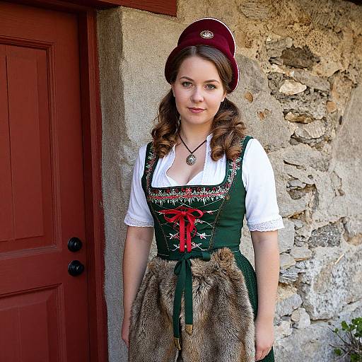 Photograph of a young woman in traditional Bavarian dress with a green corset, white blouse, fur skirt, and maroon hat, standing against