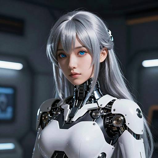 CGI image of a silver-haired, blue-eyed anime-style woman in a futuristic white and black robotic armor, set in a dimly-lit sci