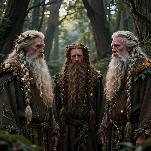 Photograph of three elderly, white-bearded, long-haired men in forest, wearing leafy crowns and dark robes, with braids and flowers