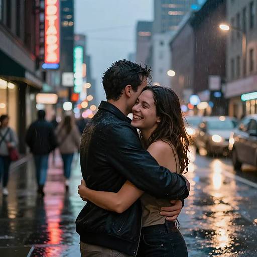 Photograph of a smiling couple embracing on a rainy, illuminated city street at dusk, surrounded by blurred neon signs and reflections.
