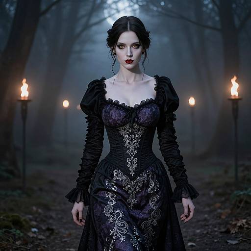Photorealistic digital artwork of a pale, dark-haired woman in a black, ornate Victorian dress, standing in a foggy forest with three torch