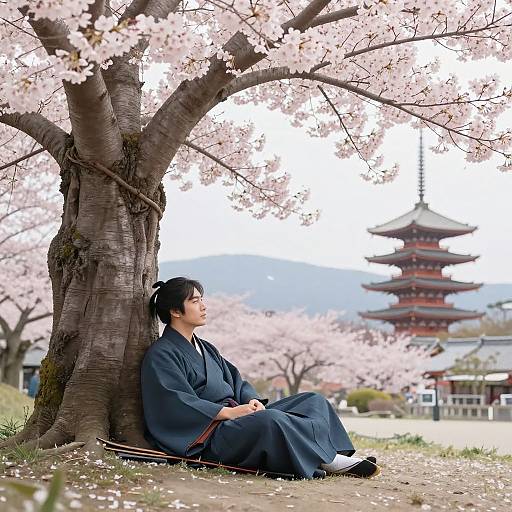 Photograph of a Japanese man in a black kimono, sitting against a cherry blossom tree, with a traditional pagoda in the background. Pink bloss