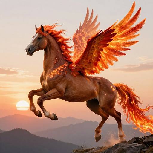 Photograph-style digital art of a fiery, winged horse rearing on rocky terrain at sunset, with vibrant orange and red wings and mane, and