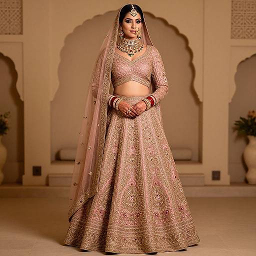 Photograph of a South Asian woman in an ornate, gold-embroidered lehenga and dupatta, standing in an elegant, beige,