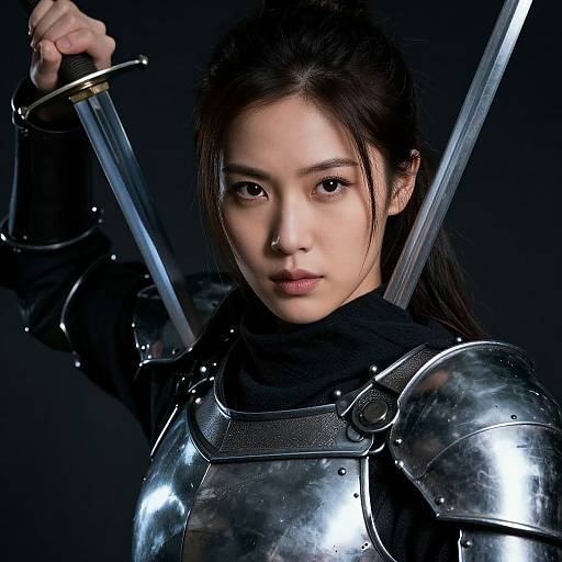 Photograph of an Asian woman with dark hair, wearing shiny silver armor, holding two swords, with a serious expression, against a dark background.