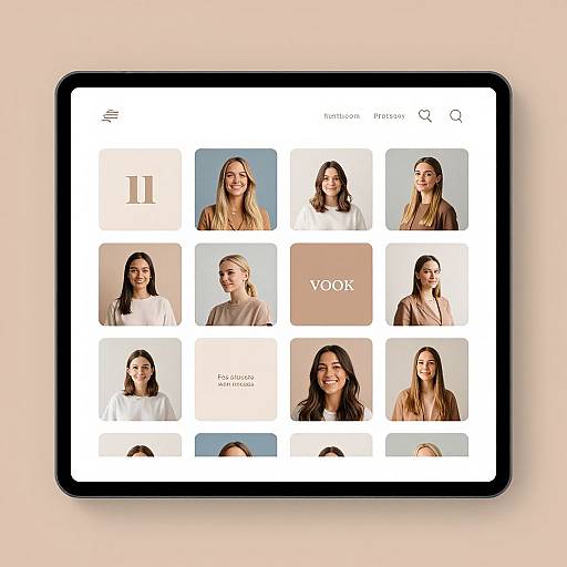 Photograph of a tablet screen displaying a beauty website with nine headshots of smiling women with various hair colors and styles on a white background.