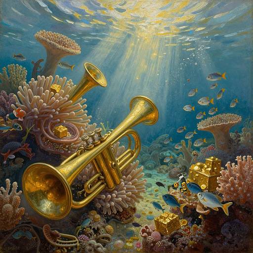 Digital artwork of a golden brass trumpet resting among colorful coral reefs and schools of fish, illuminated by underwater sunlight.