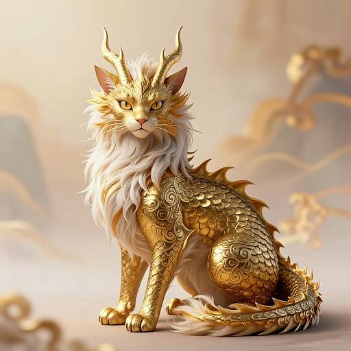 Digital artwork of a golden, ornate, fantasy cat with dragon-like scales, white fluffy mane, and intricate patterns, sitting regally.