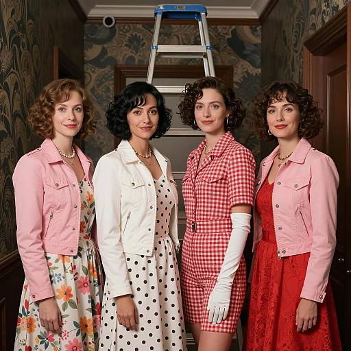Four Women in Retro Style Outfits Standing in Hallway