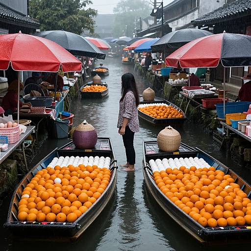 Photograph of a rainy Asian market with bright orange oranges in boats, white eggs, red-and-blue umbrellas, and a woman in a checkered