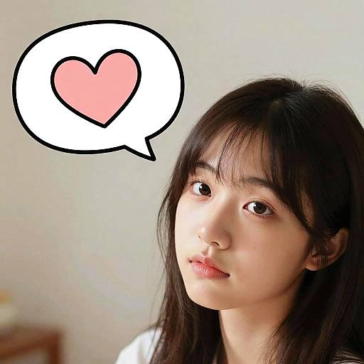 Photograph of an Asian woman with long black hair, fair skin, and red lipstick, looking slightly to the side, with a pink heart speech bubble