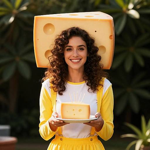 Woman Wearing Cheese Headpiece Holding Cheese Plate