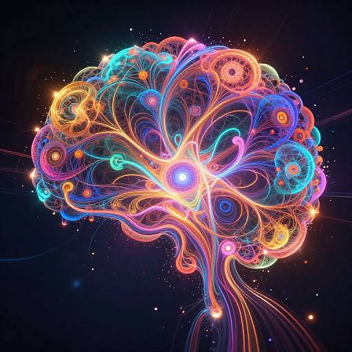 Digital artwork of a vibrant, neon-colored brain with swirling, colorful lines and glowing orbs against a dark, starry background.