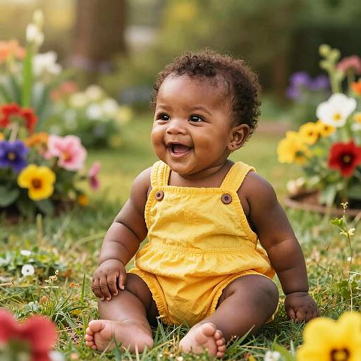 Photograph of a joyful, dark-skinned baby with curly hair, wearing a yellow onesie, sitting on grass surrounded by colorful flowers.