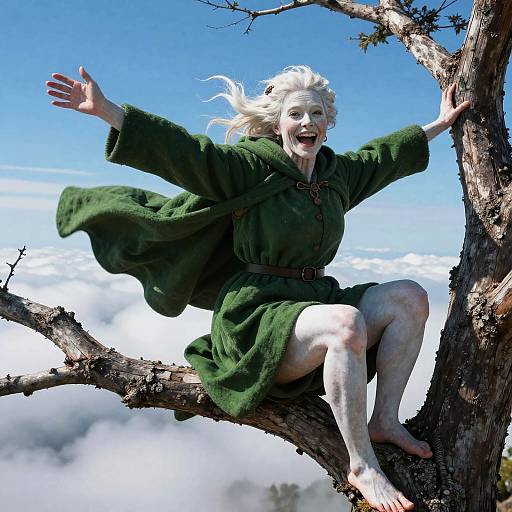 Digital artwork of a smiling, white-haired woman in a green robe, barefoot, joyfully perched on a tree branch above clouds and clear blue