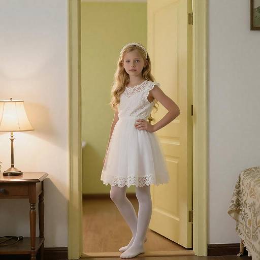 Young Girl in White Dress Standing in Doorway