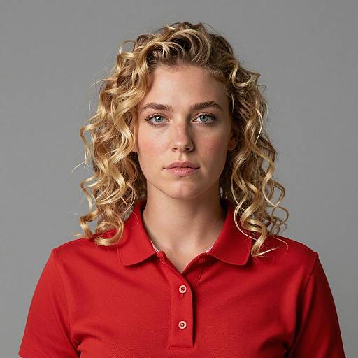 Blonde Woman in Red Polo Shirt