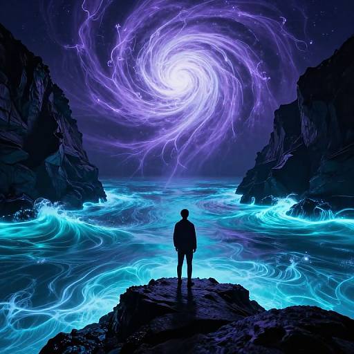 Silhouetted figure stands on rocky shore, gazing at swirling, glowing purple and blue vortex above turbulent, neon-blue water. Digital art.