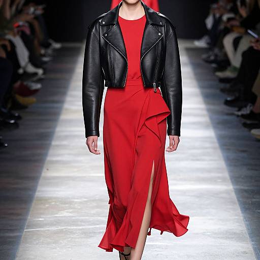 Bold Red Dress with Leather Jacket