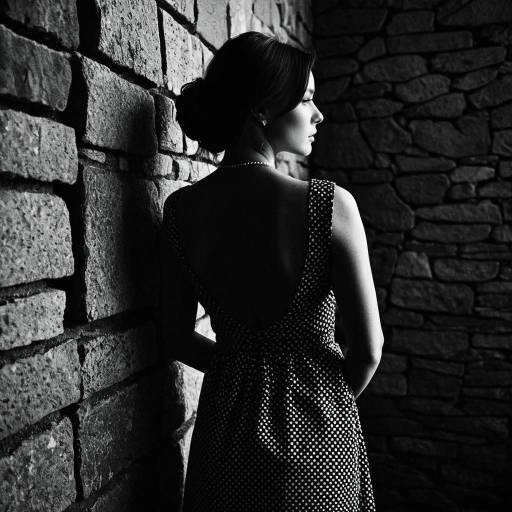 Elegant Woman in Polka Dot Dress by Stone Wall