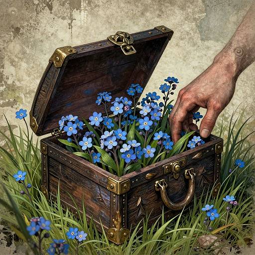 Digital art: A wooden treasure chest filled with blue flowers, opened by a human hand, surrounded by grass in a textured, rustic background.