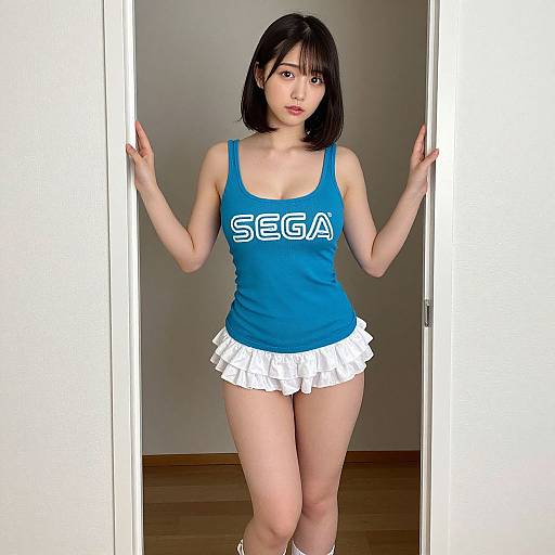 Photograph of an Asian woman with straight black hair, wearing a blue 