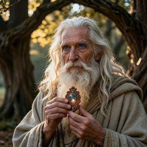 Photograph of an elderly, white-haired wizard with a long white beard holding a glowing, ornate amulet, set against a forest backdrop.